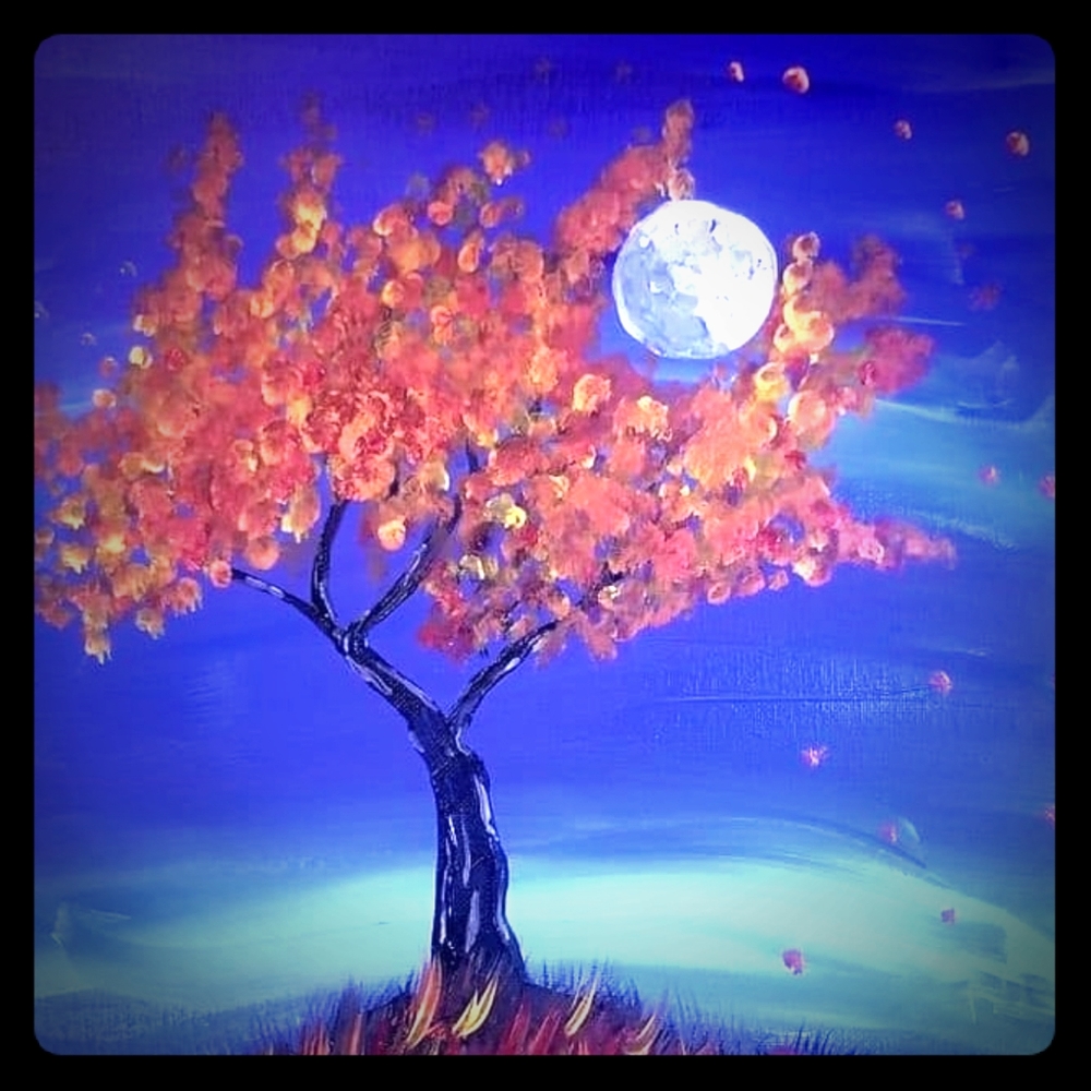 Fire Tree under a full moon acrylic painting